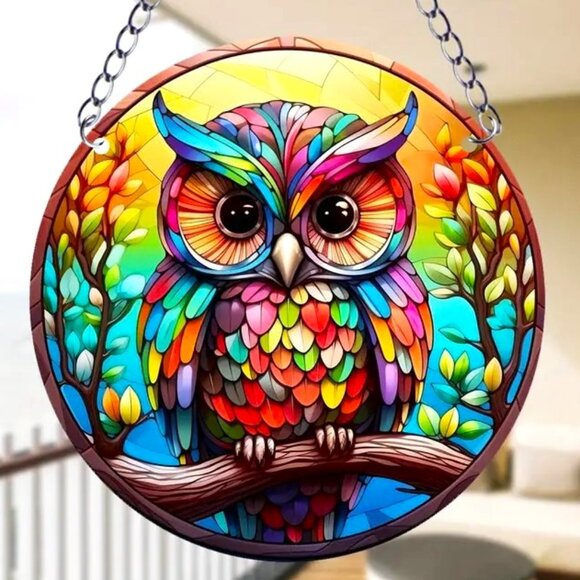 Owl Suncatcher Fantasy Lucky Vibrant Colorful Hanging In/Outdoor Wise Trendy Fun - Picture 1 of 3